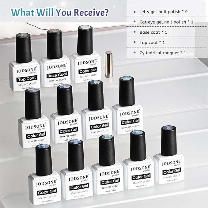 JODSONE 9 Blue Jelly Colors Gel Nail Polish Set Base Coat and Top Coat Soft Shimmery Blue Colors DIY Nail Art at Home