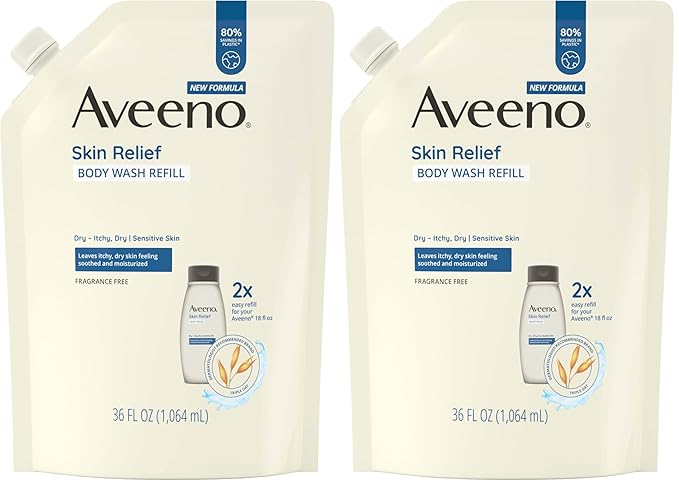 Aveeno Skin Relief Fragrance-Free Body Wash Refill with Oat to Soothe Itchy, Dry Skin, Gentle, Formulated without Soaps, Dyes, Parabens, Phthalates & Alcohol, for Sensitive Skin, 36 fl. oz (Pack of 2)