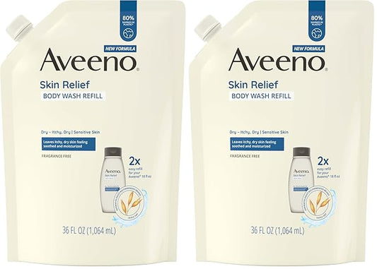 Aveeno Skin Relief Fragrance-Free Body Wash Refill with Oat to Soothe Itchy, Dry Skin, Gentle, Formulated without Soaps, Dyes, Parabens, Phthalates & Alcohol, for Sensitive Skin, 36 fl. oz (Pack of 2)