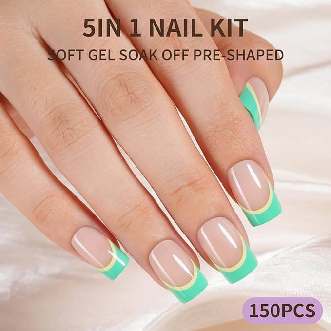 150Pcs French Tip Press On Nails, Short Square Press On Nails, Soft Gel Stick On Nails Reusable Fake Nails for Women 15 Sizes