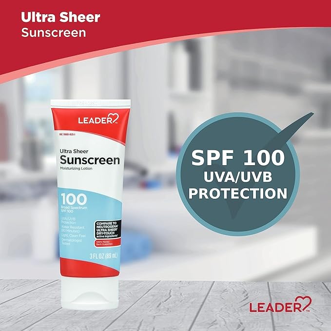 Leader Travel Sunscreen SPF 100+, Ultra Sheer Dry-Touch Water Resistant and Non-Greasy Lotion with Broad Spectrum SPF 100+, 3 Fl Oz (2)
