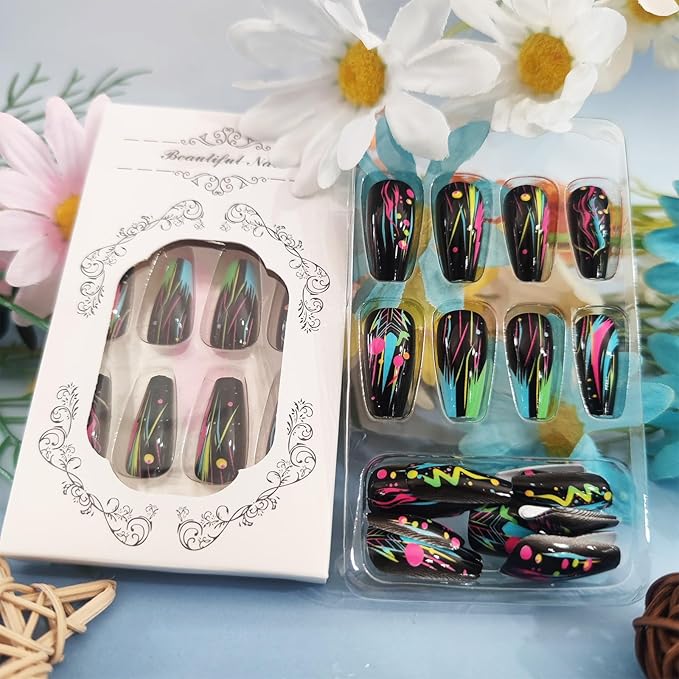 Neon Press on Nails Esports Acrylic Full Cover Fake Nails 24Pcs Glossy Colorful Medium Coffin False Nail Curve Line Gel Glue on Fingernails Graffiti Stick on Nail for Holiday Manicure Art