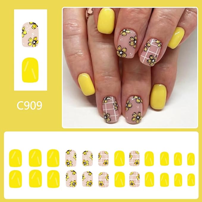 Flower Press on Nails Short Square Fake Nails Yellow False Nails Floral Glossy Full Cover Acrylic Nails Summer Glossy Glue on Nails Cute Shiny Artificial Stick on Nails for Women Manicure 24 Pcs