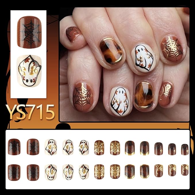 Halloween Press on Nails 3D Gold Spider Web Fake Nails Short Square False Nail with Cute Ghost Designs Brown Glossy Acrylic Nail Fall Glue on Nails for Women Holiday DIY Manicure Kit