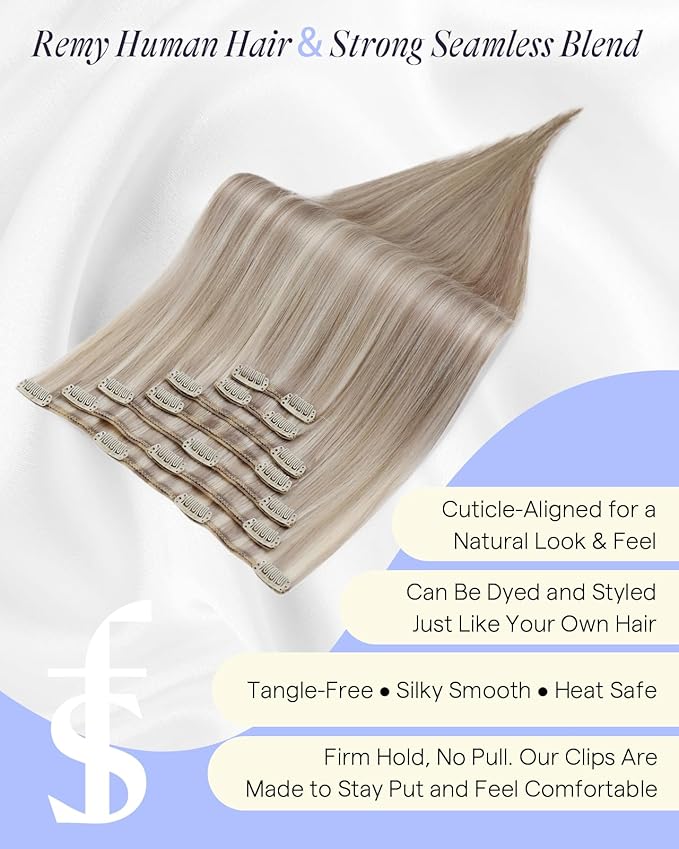 Full Shine Ash Blonde Clip in Hair Extensions Human Hair Thick Ash Blonde Highlighted Clip in Extensions for DIY 22 Inch 150 G 7 Pcs