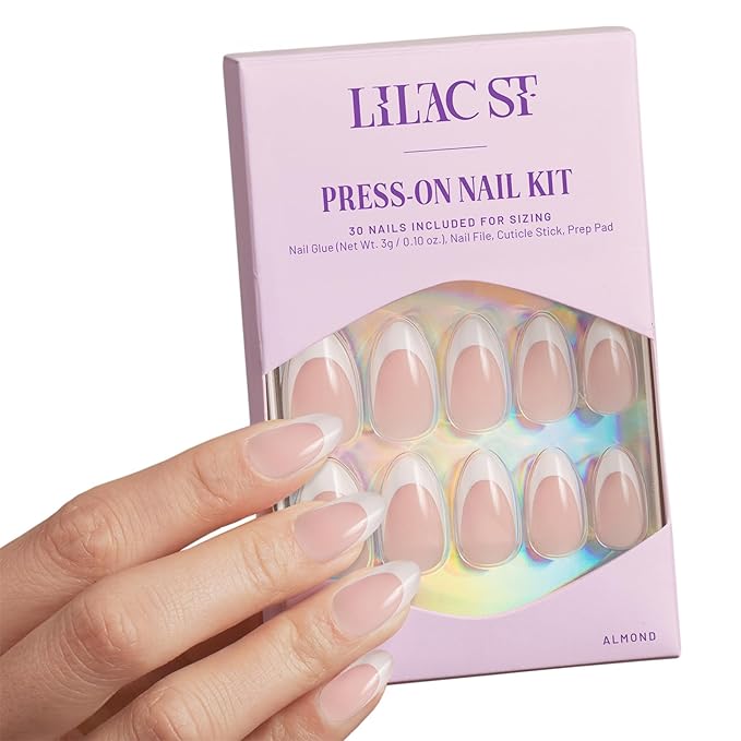 Lilac St - Press on Nails, Boudoir (30 Nails, 15 Sizes) - Medium, Almond, Glossy, Opaque - Brush-On Nail Glue, Nail File, Cuticle Stick, Prep Pad - Cruelty Free, Vegan, Women Founded
