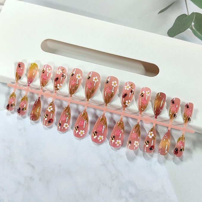 24Pcs Handmade Press on Nails Medium Almond Fake Nails with 3D Flower Bee Ladybug Designs Acrylic Nail Tips Cute Summer False Nail Artificial Glue on Nails Stick on Fingernails for Women