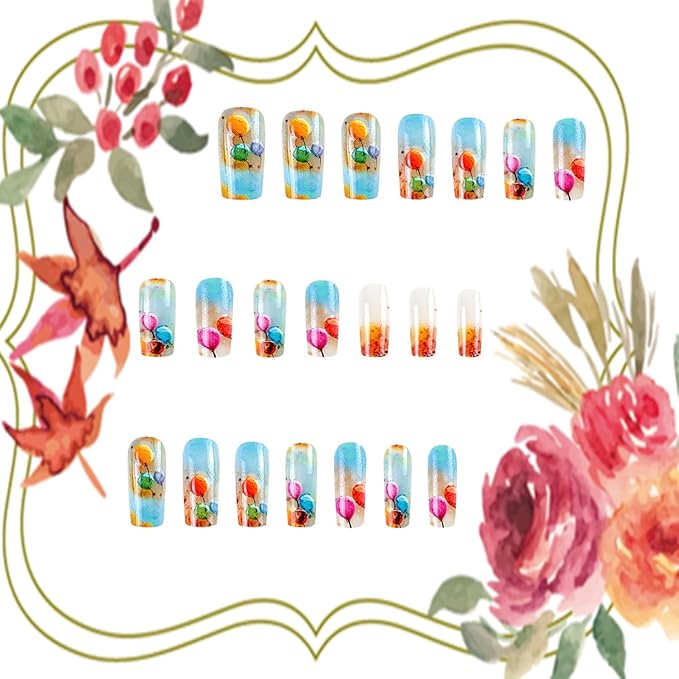Colorful Ballon Press on Nails Medium Length Gradient French Stick on Nail Press Ons with Design Full Cover Artificial False Nail Glossy Reusable Acrylic Manicure Glue on Nails for Women