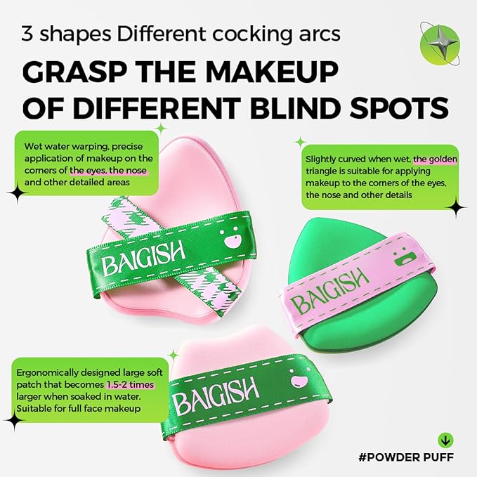 Makeup Sponge Set For Foundation Concealer, Triangle Powder Puff Soft Sponges Blender, Latex Free Blender Sponge For Liquid, Cream, and Powder Seamless & Flawless Makeup (GreenPink 3Pack)