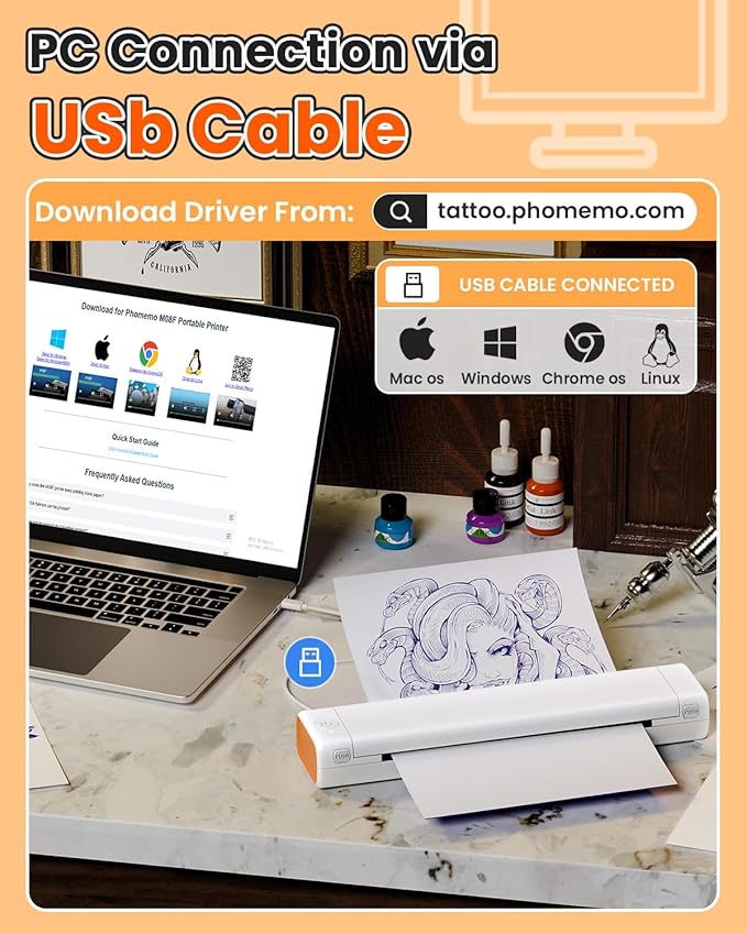 Phomemo M08F Wireless Tattoo Transfer Stencil Printer, Tattoo Transfer Thermal Copier Machine with 10pcs Stencil Paper, Portable Printer Kit for Artists & Beginners, Compatible with Smartphone & PC