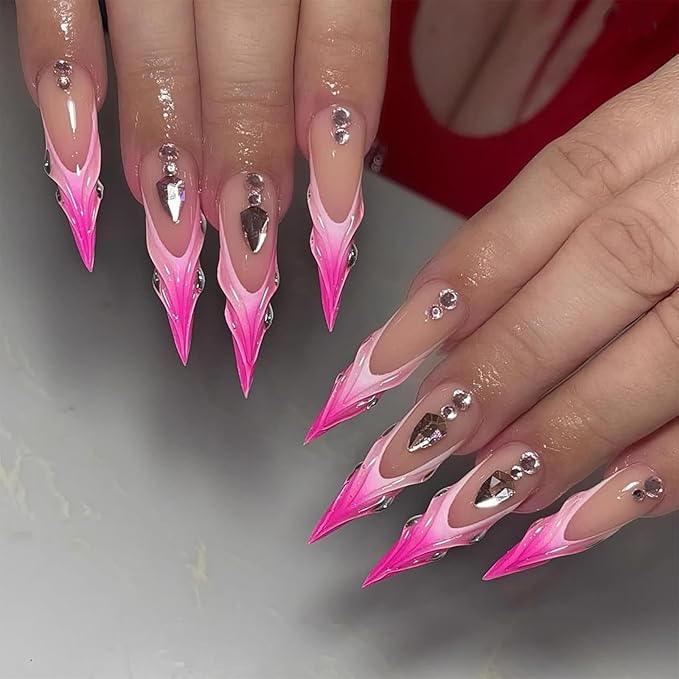 IMRAIN Press on Nails Long Stiletto Fake Nails Pink Gradient 3D Wave French Tips False Nails with Rhinestone Designs Full Cover Handmade Artificial Glossy Glue Stick on Acrylic Nails for Women 24Pcs