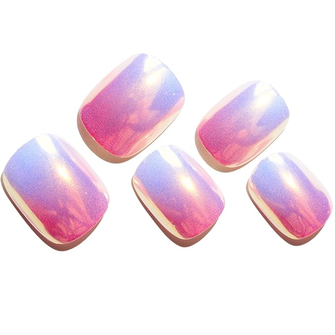 GLAMERMAID Extra Short Press on Nails 24PCS, Pink Blue Chrome Fall Gel Glue on Nails, Glossy Round Reusable UV Finish Fake Nails Acrylic False Nails Manicure Kits for Women