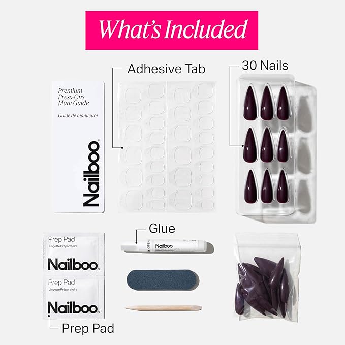 Nailboo Press On Nails, Salon-Quality Reusable Fake Nails for Fast DIY Manicure with Strong Hold Nail Glue for Press Ons, Nail File, & Alcohol Prep Pads, Wine Time