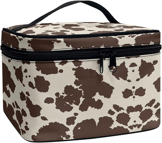 Cute Brown Cow Cowhide Design Travel Makeup Bags for Women and Portable Tote Cosmetic Case with Carry Handle Toiletry Accessories Storage Organizer Bags