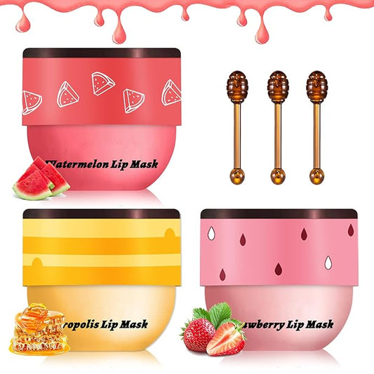 3PCS Bee Lip Balm Honey Pot Honey Strawberry Watermelon Sleeping Lip Mask Silky Hydrating Bee Lip Balm Honey Lip Mask Overnight LipCare Products(Honey+Strawberry+Watermelon)