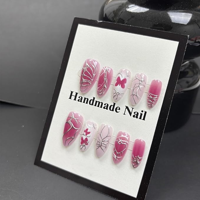 30Pcs Rose Red Press on Nails Medium Almond False Nails 3D Silver Line Designs Y2k Fake Nails Handmade Acrylic Stick on Nails Butterfly False Nails Reusable Full Cover Glue on Nails for Women Manicure
