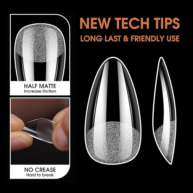 Short Almond Soft Gel Nail Tips, BORNBYME 216 PCS Pre Buff Full Cover Shaped Nail Extenison Tips Half Matte Gel Nail Tips