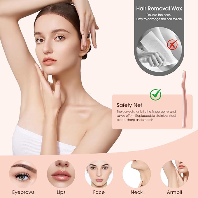 Dermaplane razor for women with 10 replaceable blades, dermaplaning tool for facial peach fuzz, eyebrows, exfoliation, and also suitable for shaving men beards, Rose Gold