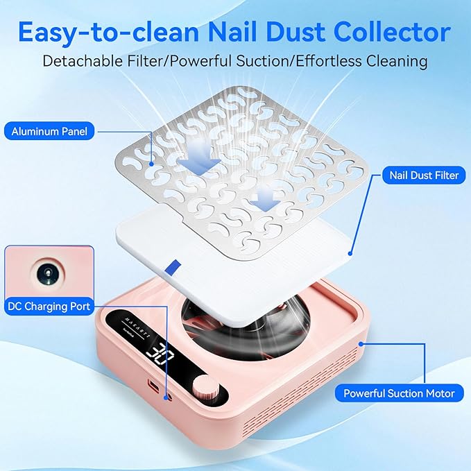 Makartt Nail Dust Collector - Professional Powerful Suction Larina Vacuum Fan Dust Cleaner with LED Display, Adjustable Speed, Reusable Filter for Acrylic Nails Polishing Manicure Salon Home Pink