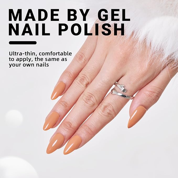 Press on Nails Almond,Nude Brown Medium Stiletto Glossy Handmade Gel False Nails,Reusable Salon Perfect Fake Nail Kit in 12 Sizes - 24 Pcs Soft Gel Glue On Nails Kit for Women Gift