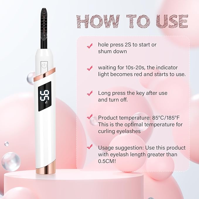 Heated Eyelash Curler for Women, Electric Lash Curler with 10s Fast Heating, 4 Adjustable Temp (65°C-95°C), 24H Curl, USB-C Rechargeable, Ergonomic Design, Travel-Friendly Makeup Tool Gift