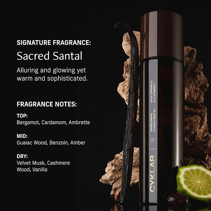 CYKLAR Vitamin C Body Oil for Women and Men. Moisturizing Sacred Santal Scented Body Serum for Glowing Skin. Nourishing, Hydrating After-Shower and Bath Skin Care Moisturizer, 4.2 Fl Oz