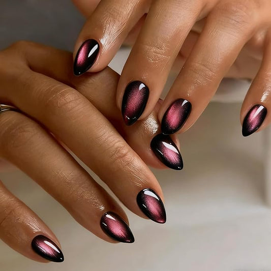 KQueenest Press On Nails Short - Light Pink to Black Press On Nails Almond Shape, Glitter Cat Eye Fake Nails with Nail Glue, Reusable Cute Dark Gel Glue On Nails with Color-Shifting Glow, 30 Pcs