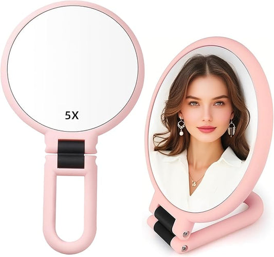 1X 5X Handheld Mirror with Handle for Travel， Magnifying Mirror, Magnification, Rotation Adjustable Handle, Double Sided Folding, Mirror for Women for Eyes Makeup Travel Table Desk Shaving