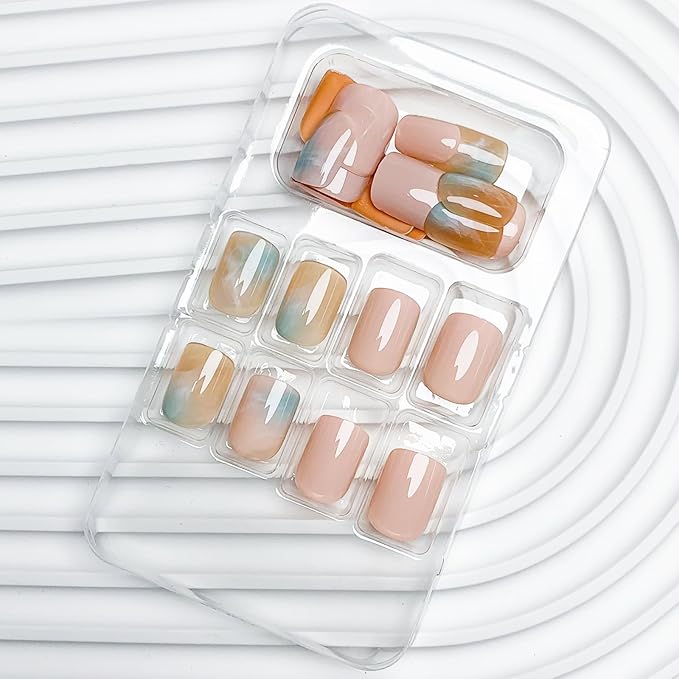 Short Square Press on Pink Marble Glossy Acrylic Nails with Ombre Design - Cute False Squoval Full Cover Glue on Nails for Women Girls - 24 Pcs