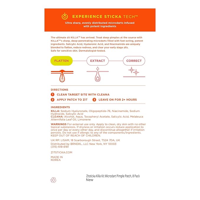 ZitSticka Killa Pimple Patches for Face - World's Most Potent Pimple Patch with Fast-Acting Microdarts - Starts Working within 6 Hours for Deep, Early-Stage Zits - Regular 8 Count with Cleana Swab