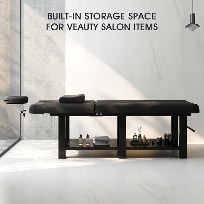 Heavy Duty Wide Stationary Massage Table Metal Frame PU Leather Spa Facial Professional Adjustable Massage Bed with Open-Chest & Headrest for Treatment Physical Therapy Tatoo Salon Equipment