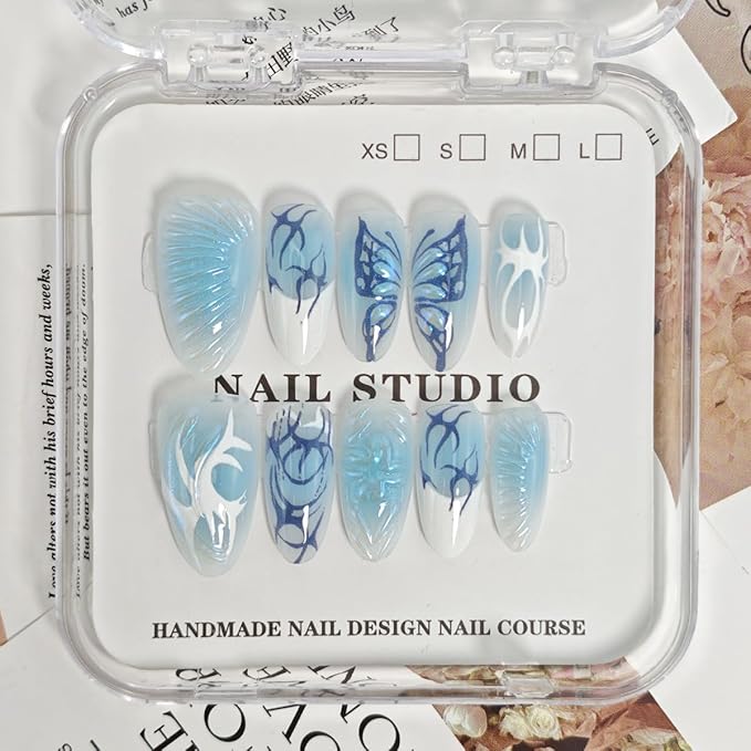 30Pcs Blue Gradient Press on Nails Medium Almond Fake Nails with Butterfly Wings Irregular Lines Designs Full Cover White French Tip Stick on Nails Summer False Nails for Women Girls Acrylic Nails