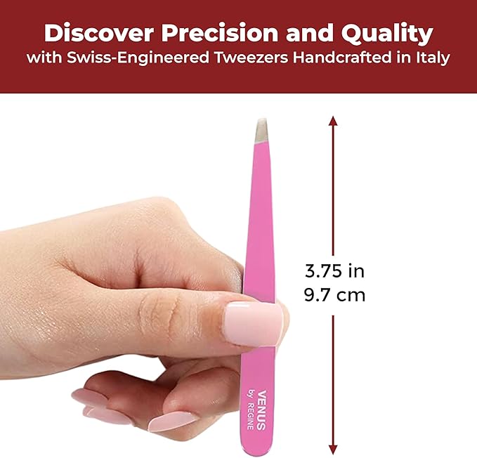 Venus by Regine Slant Tweezers - Handmade Precision Tool for Women & Men, 25-Degree Angle for Shaping Eyebrows & Grooming Facial Contours, Suitable for Eyebrow & Facial Hair Removal (Pink)