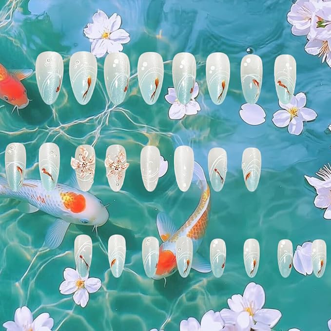 24Pcs Goldfish Press on Nails White Curve Line Press ons Fingernails 3D Flower Gel Glue on Acrylic Fake Nails Glos Blue Gradient Medium Almond False Nail Ocean Stick on Nail for Holiday Manicure Art