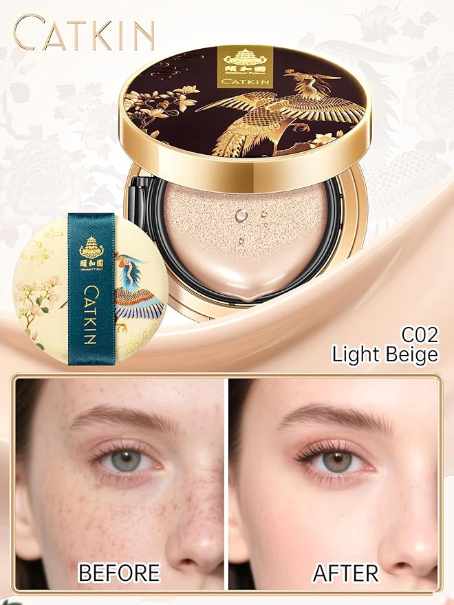 Catkin Phoenix Cushion Foundation Buildable Coverage Anti-Aging Serum Makeup, Sheer Satin Finish, Refill Included, Light Beige 0.46 Oz x 2, C02 IVORY