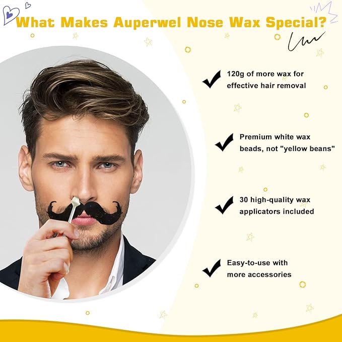 Nose Wax Kit Men and Women with 30 Applicators (20-30 Uses), Nose Hair Wax Kit for Nose & Ear Hair Removal, Painless & Fast, Long-Lasting Results Up to 5 Weeks (120g Nose Wax)