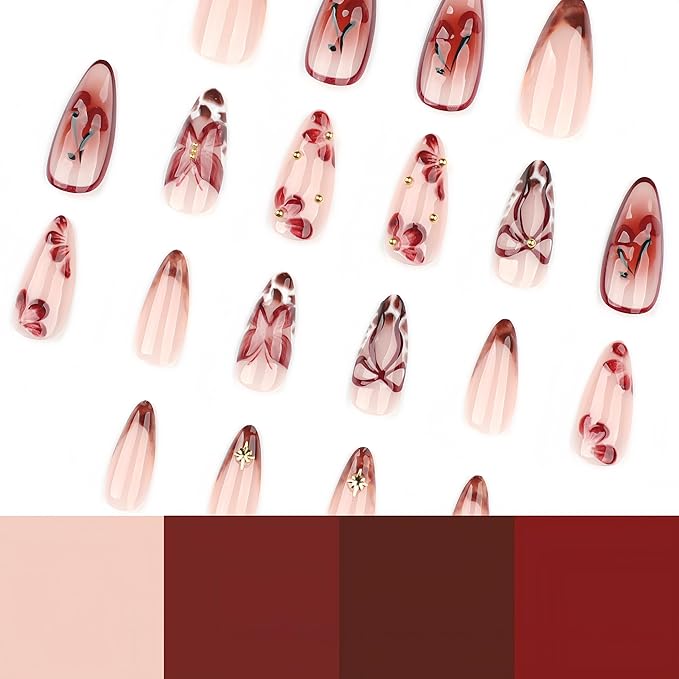 24Pcs Wine Red Cherry Press on Nails Medium Almond Fake Nails with 3D Flowers Rhinestones Designs False Nails Brown Leopard French Artificial Acrylic Full Cover Stick on Nails for Women Manicure