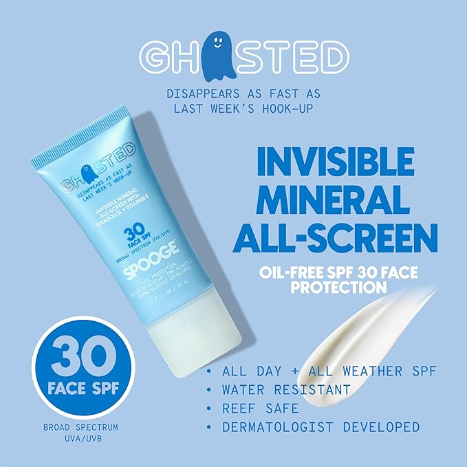 Ghosted Mineral All-Screen - Oil-Free SPF 30 Face Sunscreen - Dermatologist Developed with Cloud Feel Bisabolol for Daily All-Weather Care - Reef Safe, Water-Resistant, Blends Into Skin (1.7oz)