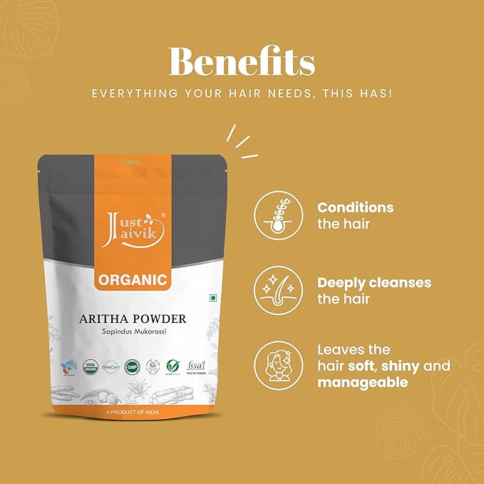 100% Organic Certified Aritha Powder (Soap Nut Powder) 227g /0.5 LB/ 08oz - Organic Hair Cleansing and Conditioning Product
