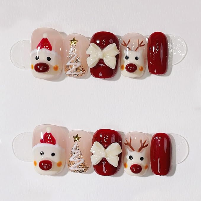 10Pcs Christmas Press on Nails Short Square Fake Nails with Bow Charms Design Cute Santa Claus Red Nose Elk False Nails Winter Christmas Stick on Nails for Women Girls Holiday DIY Acrylic Manicure