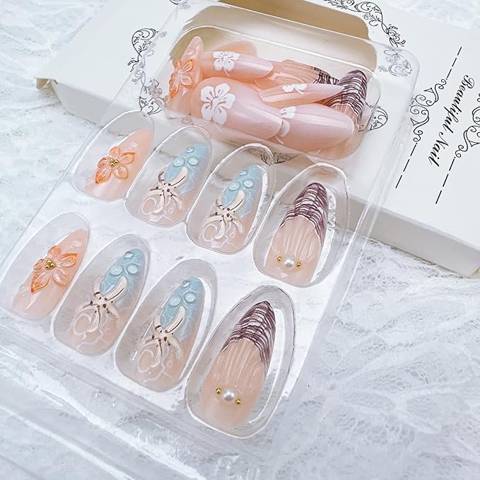 24Pcs Summer Beach Press on Nails Medium Almond Fake Nails with 3d Starfish Designs Hibiscus Flower Acrylic Nails Full Cover French Nail Tips Pearl Rhinestone Stick on Nails for Women Nail Supplies