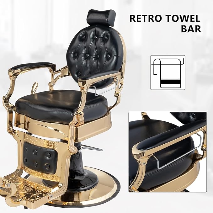 Retro Barber Chair Heavy Duty Professional Salon Chair Reclining, Hydraulic All Purpose Hairdressing Chair for Hair Stylist, Barbershop Beauty Spa Shampoo Equipment, Gold&Black