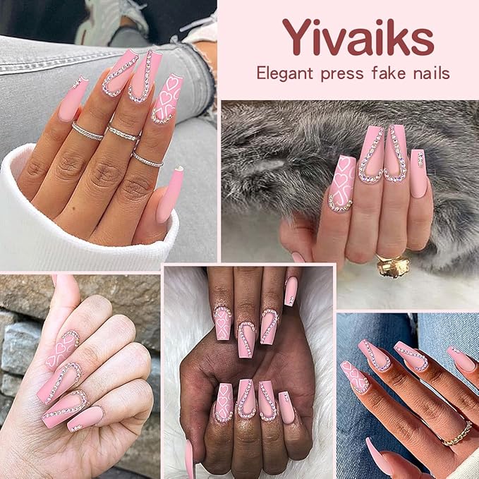 Square Press on Nails Long Coffin French Press on False Nails with Designs Nude Pink Rhinestones Acrylic Nails Press on Stick On Nails for Women Girls