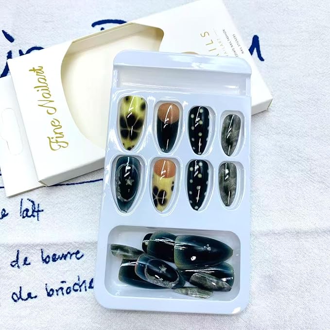 Fall French Tip Press on Nails Medium Almond False Nails with Flower Design Full Cover Glue on Nail Reusable White Polka Dots Acrylic Fake Nails Glossy Artificial Stick on Nail for Women