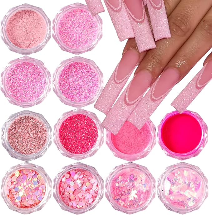 Pink Nail Glitter Powder, 12pcs Nail Art Sequins Dust Set, Holographic Paillette Sparkle Flakes for Acrylic Tips Manicure Decorations