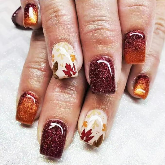 Maple Leaf Press on Nails Fall Leaves Stick on Fingernails Thanksgiving Short Square False Nails 24Pcs Glossy Silver Glitter Acrylic Fake Nail Autumn Gradient Gel Glue on Nail for Coquette Women Girls