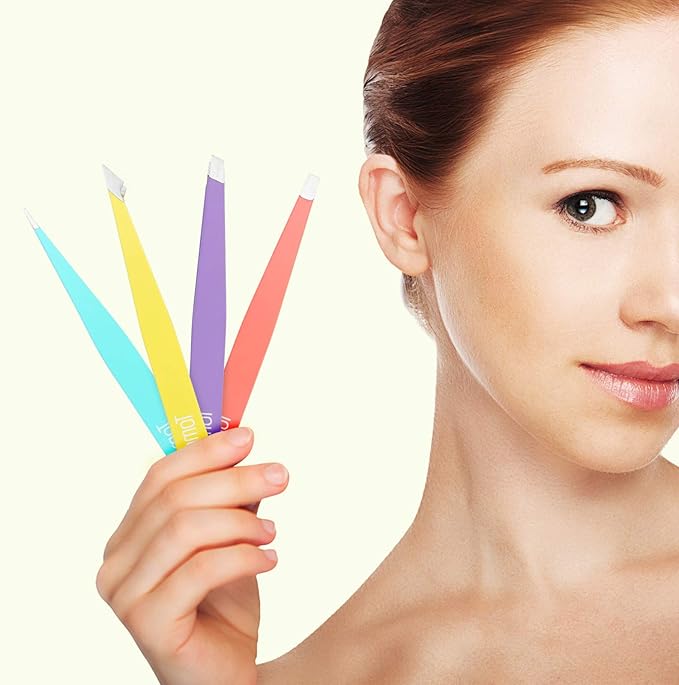 Tweezers for Eyebrows, Slant Tip and Pointed Eyebrow Tweezer Set Great Precision for Eyebrows Facial Hair, Ingrown Hair, Splinter, Blackhead and Tick Remover (4-piece) (Multi-color)