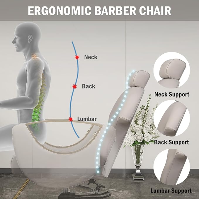 Salon Chair for Hair Stylist, Reclining Hair Barber Chair with Heavy Duty Hydraulic Pump, Up to 440 Lbs, 360 Degrees Swivel Beauty Spa Equipment for Salon Barbershop, Grey Glod