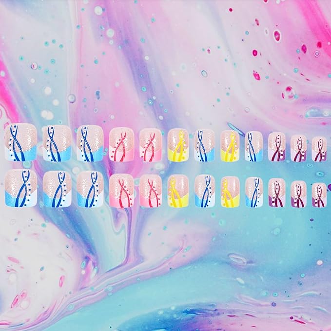 24Pcs Colorful French Press on Nails Polka Dot Stick on Fingernails Curve Line Short Square False Nails Glossy Silver Glitter Acrylic Fake Nail Pink Gradient Gel Glue on Nail for Coquette Women Girls