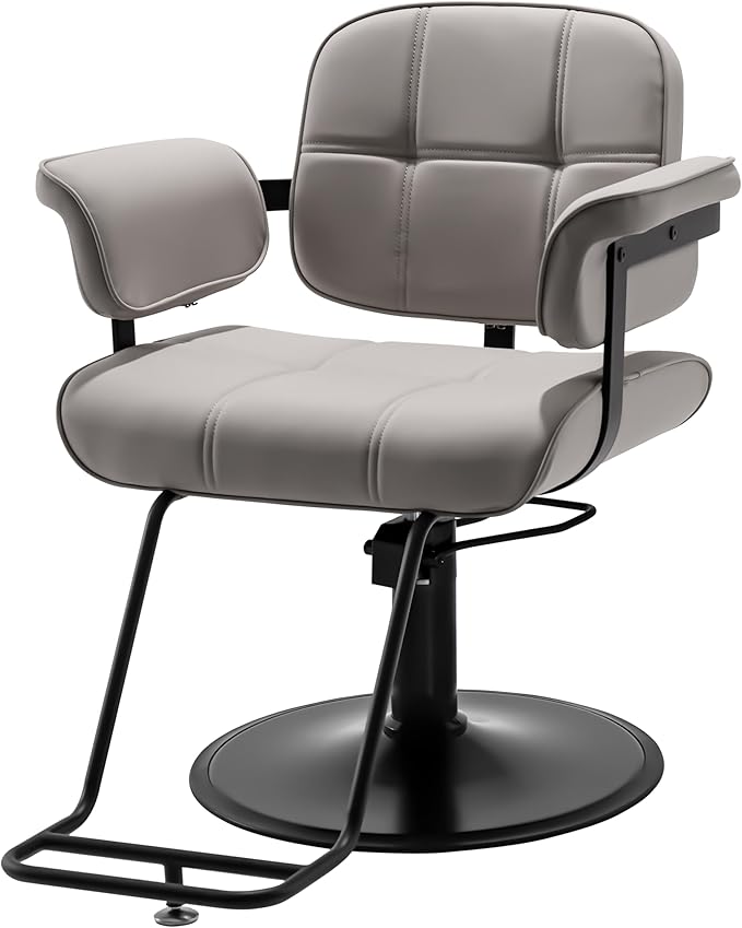 Barber Salon Chair, Extra Wide Hair Styling Chair with Heavy Duty Hydraulic Pump, 360° Swivel Height Adjustable Braiding Design, Luxury Beauty Salon and Barbershop Equipment, Grey